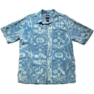 Harley Davidson Silk Baby Blue Pattern Button Down Short Sleeve Shirt